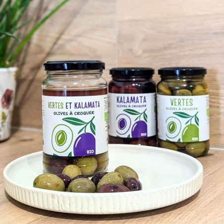 Olives grecques bio vertes et Kalamata en saumure – Olives à croquer