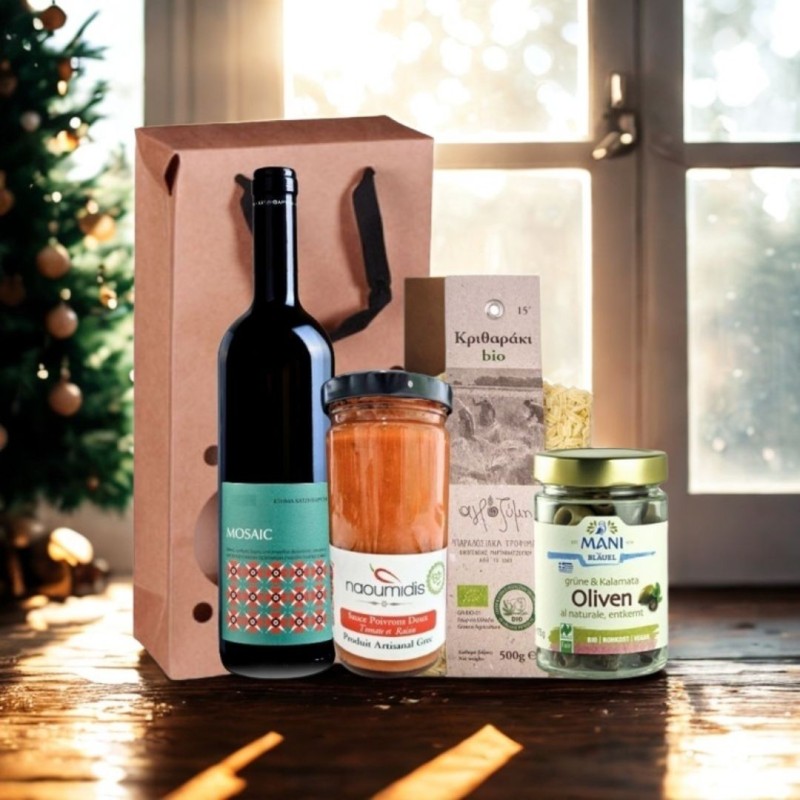 Coffret cadeau bio grec - Vin rouge et spécialités artisanales Coffret cadeau bio grec - Vin rouge et spécialités artisanales