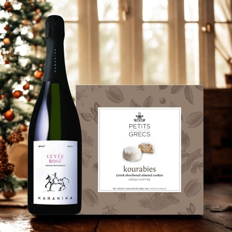 Idée cadeau grec - Le duo vin rosé mousseux grec & kourabies au café - Coffret festif Idée cadeau grec - Le duo vin rosé mousseux grec & kourabies au café - Coffret festif